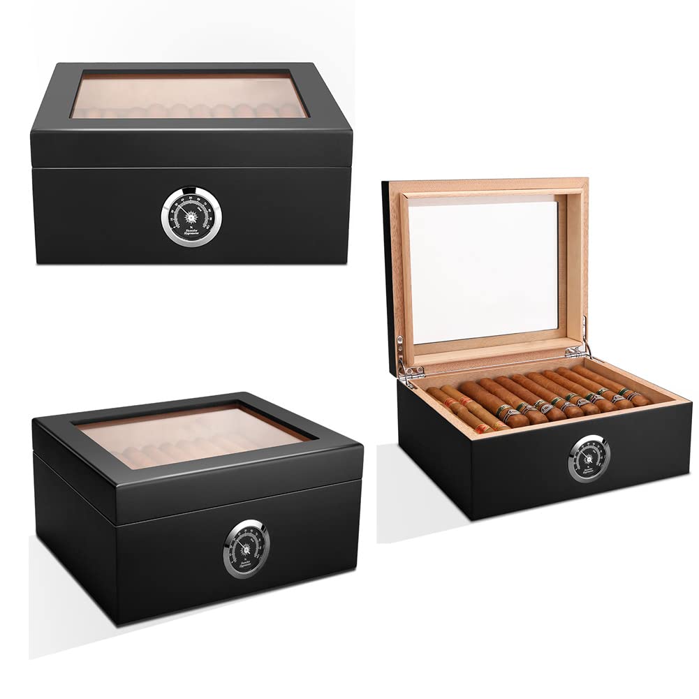 Cigar Humidor,Cedar Cigar Desktop Box with Humidifier and Hygrometer,Glass Top for 25-50 Cigars(Black)