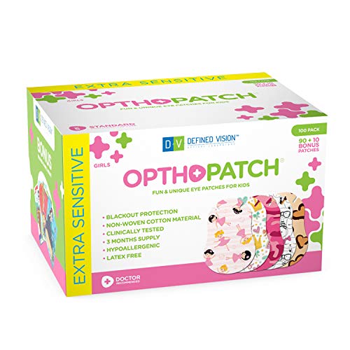 Optho-Patch Kids Eye Patches - Fun Girls Design - 90 + 10 Bonus Latex Free Hypoallergenic Cotton Adhesive Bandages for Amblyopia and Cross Eye - 3 Reward Chart Posters by Defined Vision