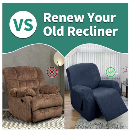 Image of YEMYHOM 4 Pieces Oversized Stretch Recliner Slipcover Jacquard Large Recliner Chair Cover with Side Pocket Anti-Slip Fitted Furniture Protector with Elastic Bottom (X-Large Recliner, Navy)