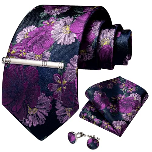 Image of DiBanGu Silk Floral Ties for Men Woven Paisley Necktie and Tie Clip Handkerchief Cufflinks Set for Party Wedding