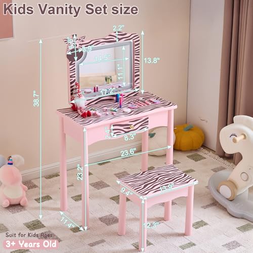 Image of Vanity Set,ShyneeMakeup Dressing Vanity Set Wooden Princess Makeup Table with Cushioned Stool,Drawer,Wooden Legs and Mirror, Make Up Dressing Play Set for Girls (Pink Zebra)