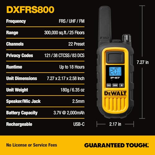 Image of DEWALT DXFRS800 FRS Walkie Talkies, 2W, 2 Pack with 2 Headsets