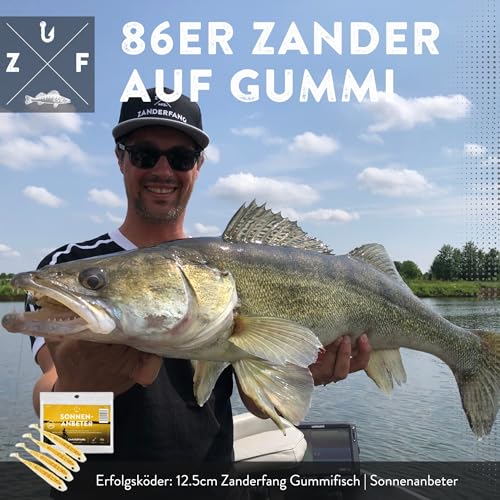 Foto von Zanderfang 40 Teile Box Gummifische mit Jigköpfen zum Zanderangeln mit Gummifisch - 24 Gummifische: 6 Farben in 12,5 cm - 16 Jigköpfe Größe 4/0 in 10-25 Gramm