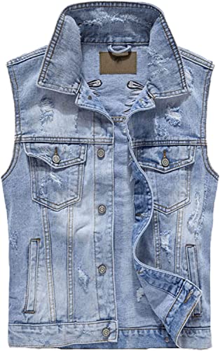 Lazutom Men's Cowboy Punk Denim Vest Distressed Sleeveless Jeans Vest Waistcoat2