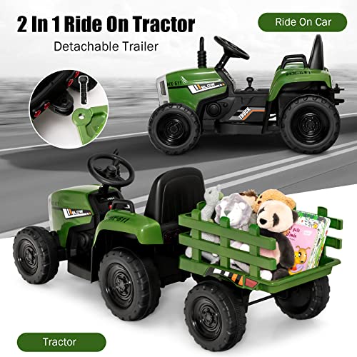 Image of Costzon Ride on Tractor with Detachable Trailer, Kids' Electric Vehicles w /3-Gear-Shift Ground Loader, Wireless Design & USB, 7 LED Headlights, Remote Control Tractor Toy for Kids 3+ (12V, Dark Green)