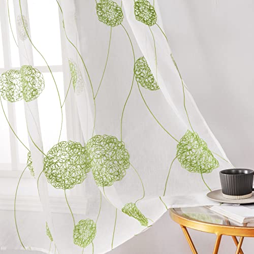 MIULEE Embroidery Sheer Curtains Decoration Flora Design Grommet Window Curtain Semi Voile Drapes with Eyelets Window Treatments for Living Room Bedroom 2 Panels 55" W x 63" L Green - Image 3