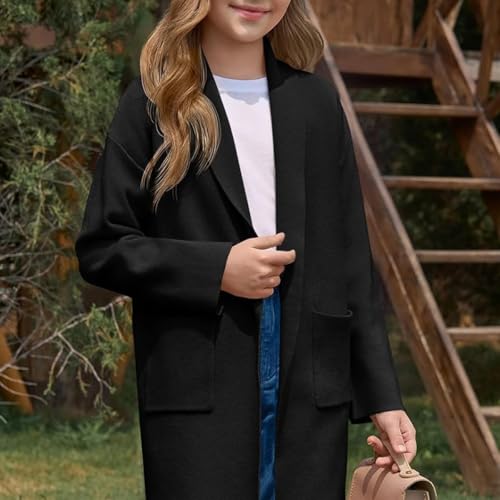 Girls' Medium to Long Knitted Cardigan, Shawl Collar, Practical Pockets, Loose Jacket4