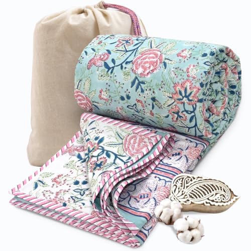 Image of TOAIArt Premium Jaipuri Dohar | AC Blanket Summer Quilt | Hand Block Printed | 3 Layers | Reversible | 150GSM 100% Mulmul Cotton | 100% Cotton Flannel Filling | King 108 inch X 90 inch|Rose on Green