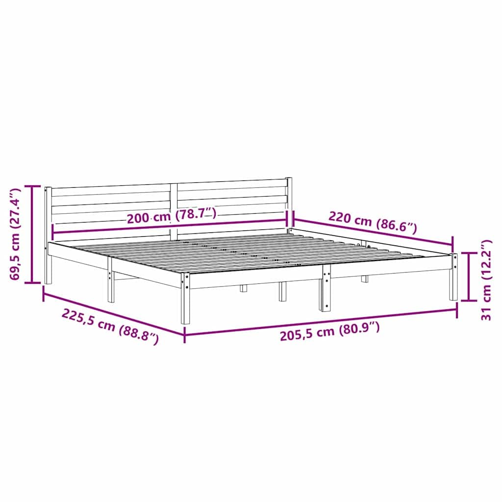 Marco de Cama Marrón 220 x 200 cm de Madera Maciza de Pino con Cabecero Premium, Diseño Moderno Minimalista y Ensamblaje Sencillo para Dormitorio Principal, Estructura