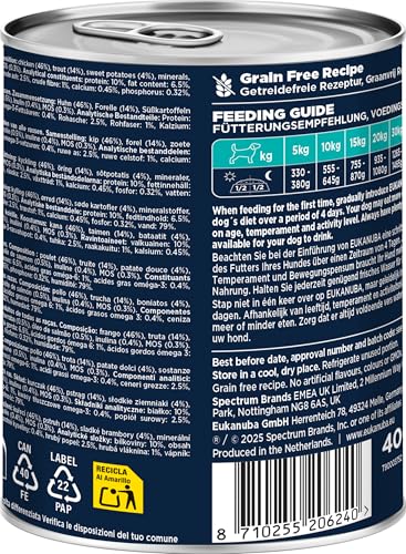 Eukanuba Hundefutter Nass mit Forelle und Süßkartoffeln, Getreidefreies Premium Nassfutter für ausgewachsene Hunde, 6 x 400 g Dosen