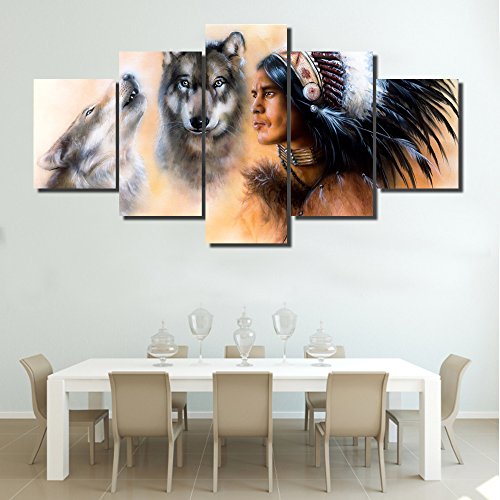 African American Paintings 5 Panel Canvas Wall Art Indian Warrior Accompanied With Wolves Pictures Home Decor For Living Room,Artwork Framed Stretched Ready To Hang Posters And Prints(60''Wx32''H) #TOP2