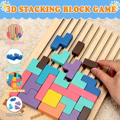 Image of Wooden Stacking Puzzle Toy, 42 Pcs 3D Montessori Russian Blocks Puzzles for Toddlers 3+ Years Old, Brain Teaser Educational Travel Game for Kids, Logic Intelligence Development Gift