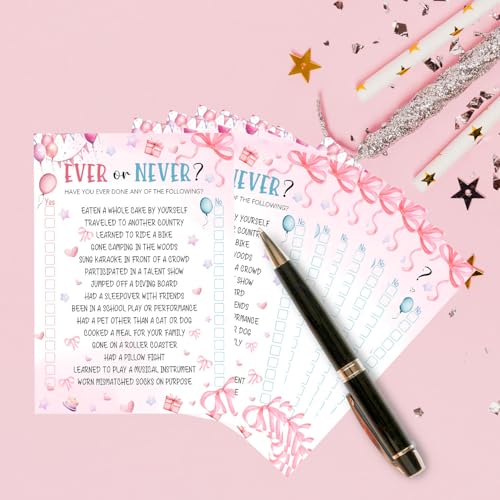 Image of Pink Slumber Party Games Card - Coquette Pink Bow Themed Sleepover Slumber Party Supplies- Sleepover Stuff- Birthday Night Games Creative Idea -Ever or Never- 20 Game Cards