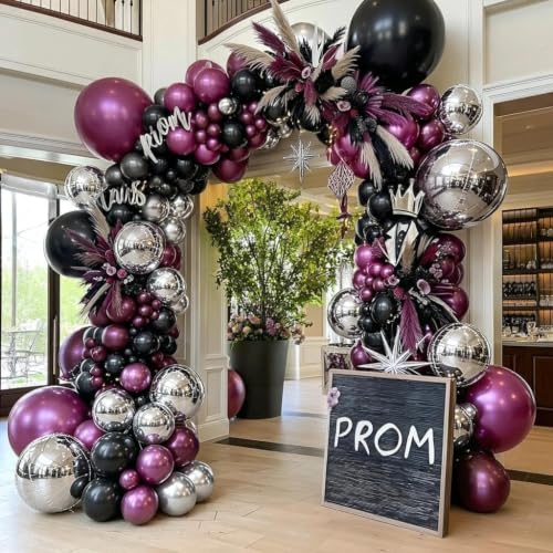 Image of Double Stuffed Black Purple Balloon Arch 4D Silver Round Foil Balloon Kit | Plum Black Silver Balloon Garland For Wednesday Halloween Vampire Gothic Birthday Graduation Prom Party Decoration