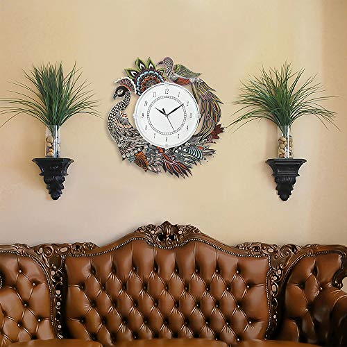 Image of Wooden Peacock Theme Wall Clock Round Quartz Analog Antique Decorative Clock for Home Decor