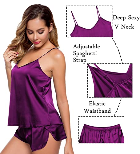 Image of SWOMOG Womens Silk Satin Pajamas Sets 4pcs Sleepwear Sexy Cami Shorts Set and Button Down Short Sleeve Pjs Loungewear Purple X-Large