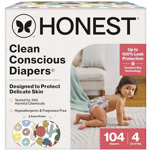 Image of The Honest Company Clean Conscious Diapers for Delicate Skin | Up to 100% Leakproof | Hypoallergenic, Fragrance Free | Gender Neutral | Super Club Box, Size 4 (22-37 lbs), 104 Count (Prints May Vary)