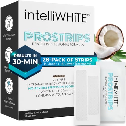 Image of IntelliWHiTE ProStrips Teeth Whitening Strips, 14 Day Treatment, Whitens Up to 12 Shades, Enamel-Safe Gentle Remineralizing Formula, Dentist Formulated for Sensitive Teeth, (28pk Coconut Flavor)