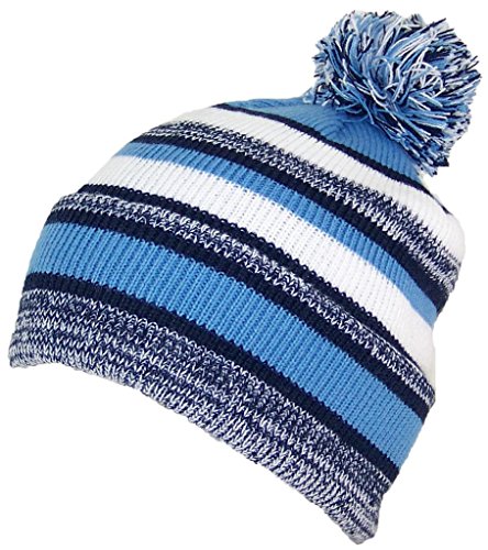 Best Winter Hats Quality Striped Variegated Cuffed Beanie W/Large Pom (L/XL) - Navy/Light Blue