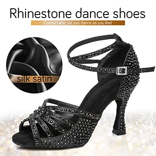 Image of JUODVMP Women's Latin Dance Shoes Rhinestones Satin Ballroom Dancing Shoes Salsa Professional Dance Shoes