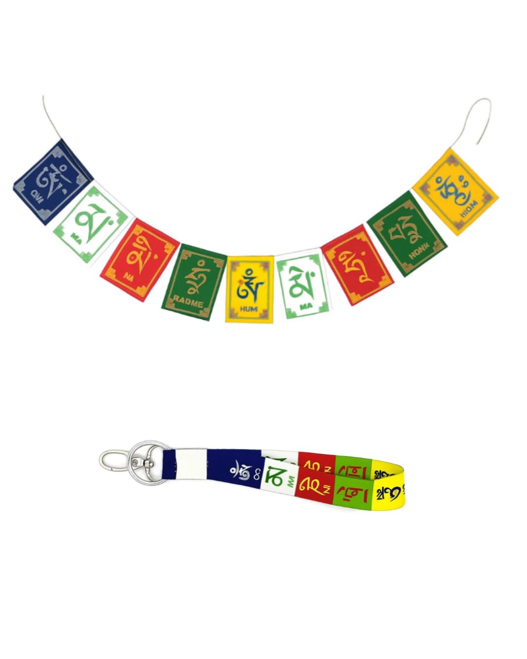 Tibetan Buddhist Om Mani Padme Hum Prayer Flags and Keychain Combo Pack, Spiritual Decor for Car, Bike, Home and Office, 7 Inch Keychain with Small Prayer Flags for bike-image-11