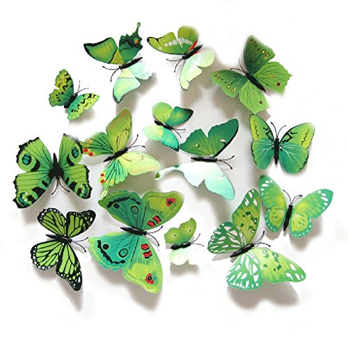 Image of Pindia 12 Pcs 3D Metal Butterfly Wall Stickers for Home Party Wedding Decor (Green)