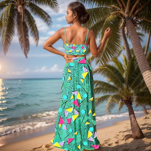 Image of Women Sexy 2 Piece Outfits Dress Chiffon Strap Deep V Neck Bra Crop Top High Split Maxi Dresses Skirt Set