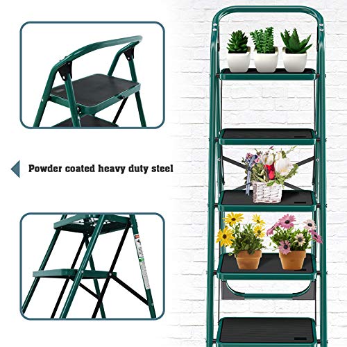 SUNCOO 5 Step Ladder, Folding Step Stool w/Non-Slip Rubber Feet, 330lbs Load Sturdy Steel Foldable Ladders, Lightweight Portable Stool Stairs, Multi-use Ladder Stand for Household and Office