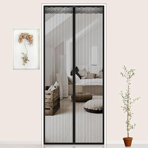 Magnetic Fly Insect Screen Door, Mesh Curtain Anti Mosquito Fly Curtain Door Screens Nets, Bug Mesh Curtain with Magic Tape, Top-to-Bottom Seal Snaps Shuts Automatically, Black