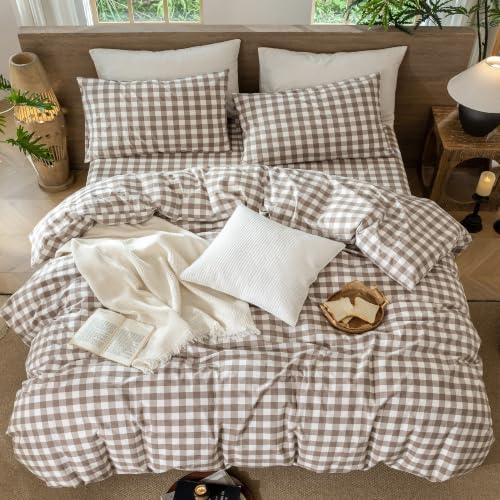 Image of MooMee Gingham Duvet Cover Set 100% Washed Cotton Linen Like