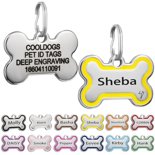CoolDogs Stainless Steel Enamel Pet ID Tags for Dogs and Cats, Personalized Dog Tags,Cat Tags,Custom Engraved Dog Name Tag,Cat Name Tag with up to 5 Lines of Text on Both Sides (Yellow, Large)