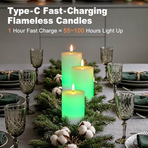 Image of LEDHOLYT Rechargeable Flameless Candles, RGB Color Changing Realistic Flickering Flameless Candles with Remote & Timer, Set of 3