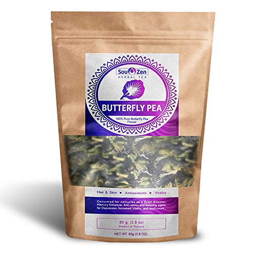 Sou Zen Butterfly Pea Flowers (80 g) Dried Tea Leaves | Natural, Raw Drink Mix w/ Antioxidants, Organic Nootropics | Promotes Relaxing Calm, Stress Relief | Thai Herbal