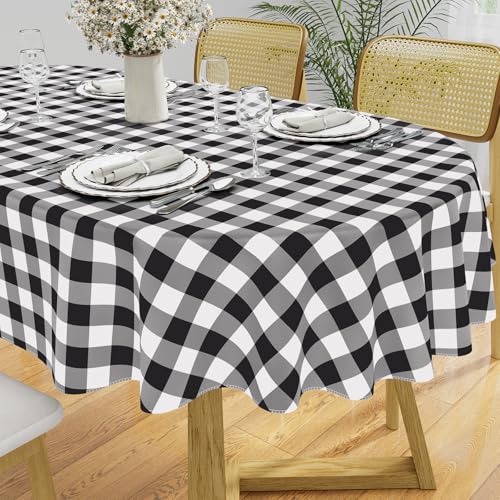 Image of misaya Oval Waterproof Vinyl Table Cloth, Buffalo Flannel Backed Tablecloth, Wipeable Plastic Table Cover for Dinner, Kitchen, Outdoor (60 inch x 102 inch, Black and White)