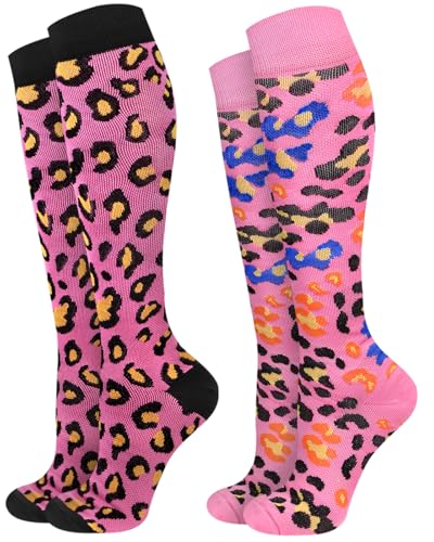 JMHACHY 2Packs Compression Socks for Women - 15-20 mmHg Graduated Support for Circulation, Knee High for Nurses, Athletes, Travel, Leopard Print, L/XL