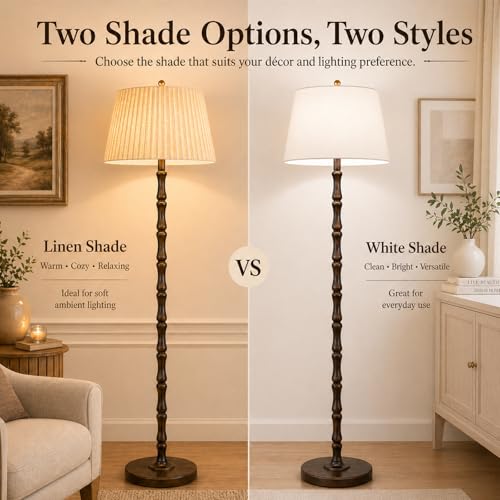 Image of Real Wood Floor Lamp with Dual Lampshades, Sculptural Spindle Standing Lamp with Foot Switch, Modern Farmhouse Dimmable Floor Lamp for Living Room, Bedroom, Reading Corner & Cozy Home Decor