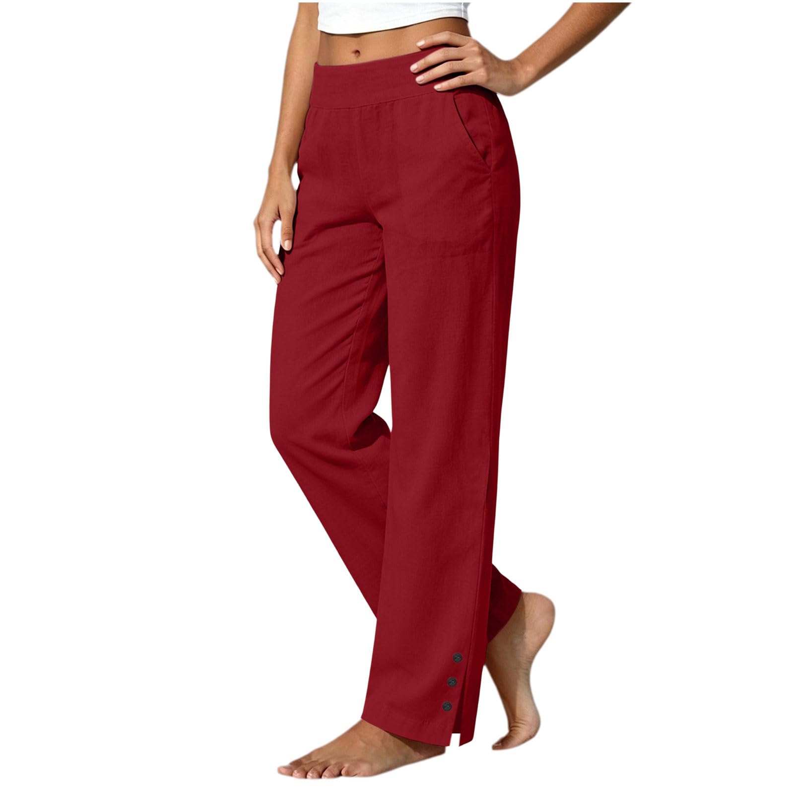 Pantalon Coton Et Lin pour Femme avec Taille Élastique Et Poches Côté - Pantalon Droit À Ouvertures Latérales Et Boutons, Idéal comme Pantalons Casual pour La Vie Quotidienne Et Les Balades