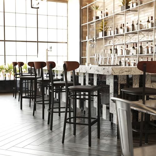 Image of Flash Furniture Wright Commercial Barstool - Walnut Finish Wood Boomerang Back - Black Vinyl Seat - 500 LB. Capacity Black Steel Frame - Integrated Footrest