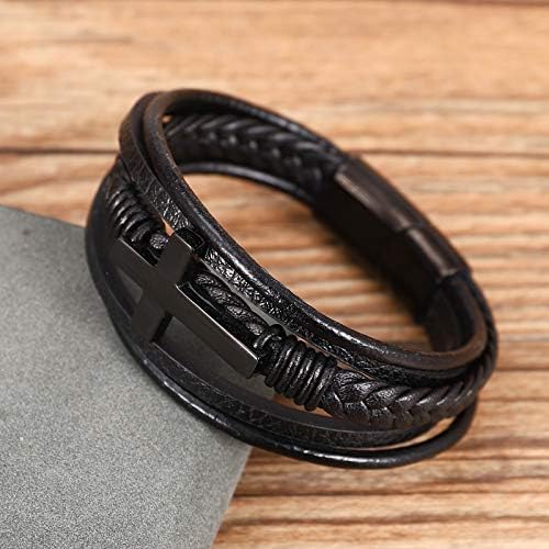 Vanski Mens Black Leather Bracelet Multi-Layer Braided Leather Cross Bracelet Religious Confirmation Gifts - Image 3