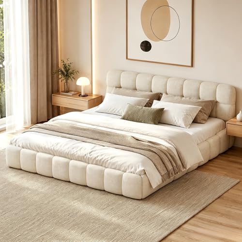 YGHQAP Lit double rembourré, à bulles, 140 x 200 cm, avec sommier à lattes et dossier souple, pour adolescents, plat, cadre de lit, lin, sans matelas...