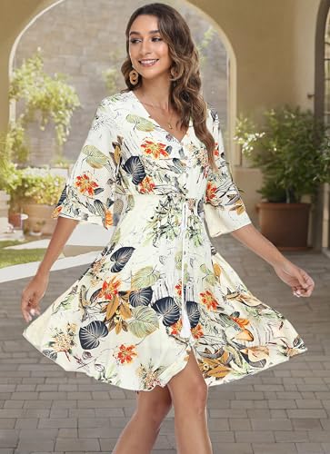 Image of VintageClothing Women's Floral Sundresses Flowy Boho Summer Beach Dress | Lightweight Breathable material,Elegant V Neck and Button Front Design,Flared Bell Sleeve Cut,Mini Casual dress