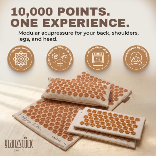 Glanzstück Berlin® XXL Acupressure Mat Set Fullbody Edition - 9,350 Flower Tips, 2 Add- On Modules, Linen Cover, Coconut Fiber Fill, Pillow & Carry Bag - Up to 42.5" x 16.5" Full Body Massage Mat - Image 2
