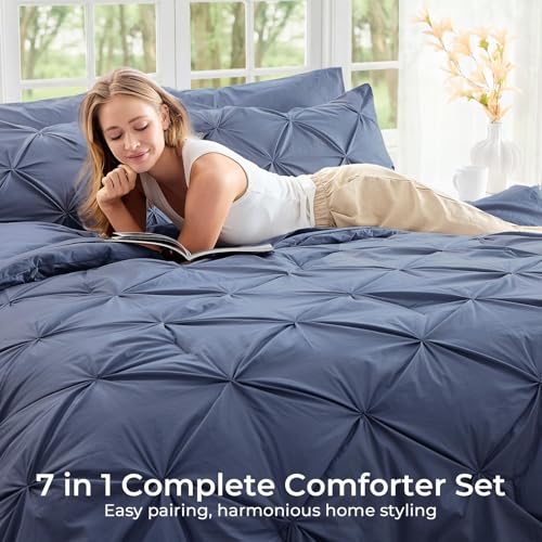 Image of Sasttie King Size Comforter Set, 7-Piece Bed in a Bag, Pintuck Bedding Set for All Season, Includes Comforter, Flat Sheet, Fitted Sheet, Pillowcases and Pillowshams, Indigo Blue