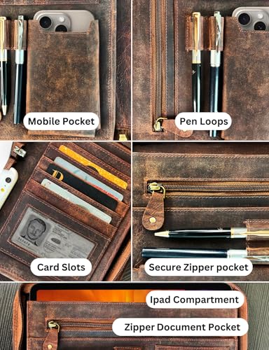 Image of RUSTIC TOWN Men Leather Document Card Holder File Folders For Documents And Zipper Portfolio For Office Ids, Business Cards, Letter Pads (Large, Brown)