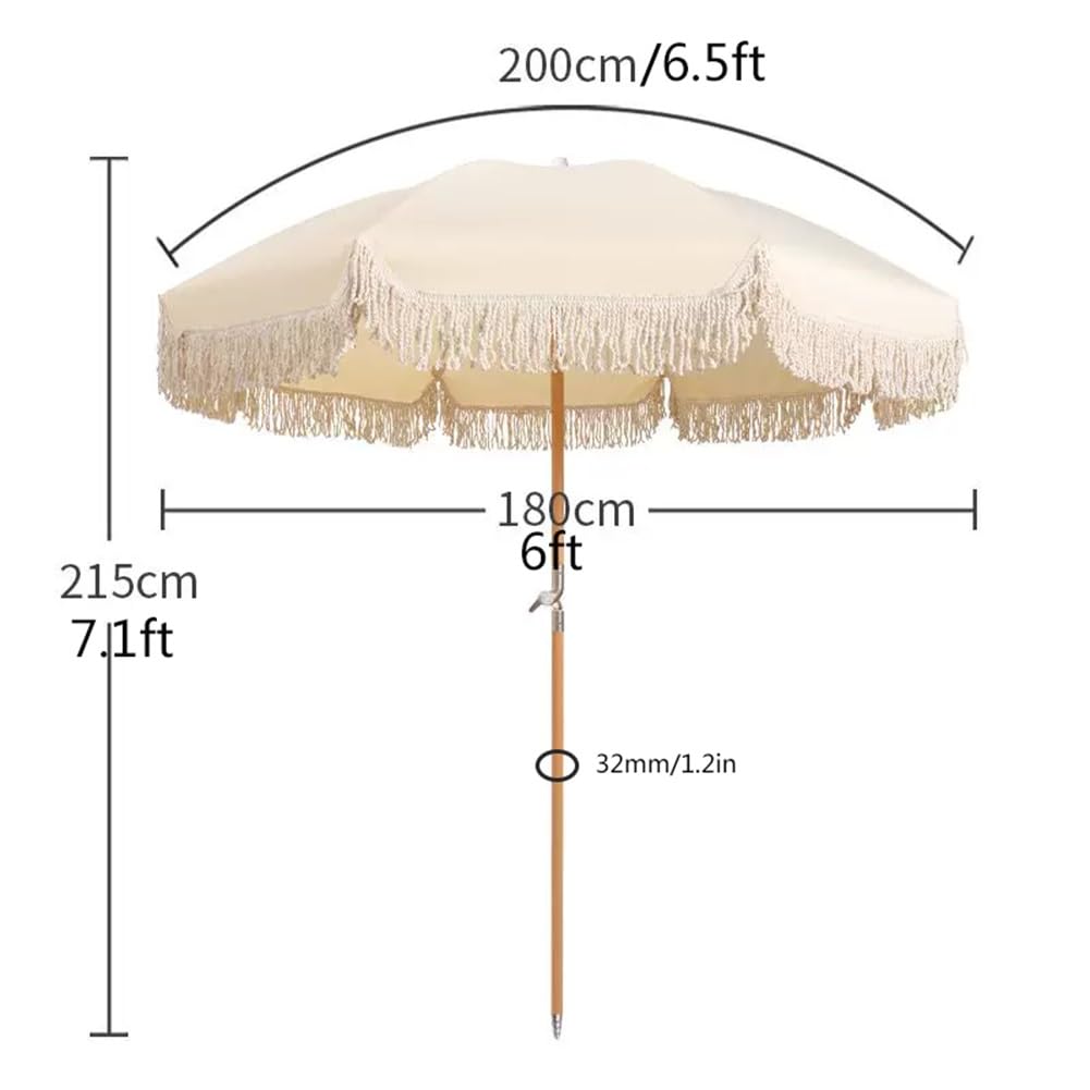 200 cm Parasol Plażowy Boho z Pochylanym Drewnianym Drążkiem, UPF 50+ Składany Parasol Przeciwsłoneczny z Frędzlami i Torbą Transportową
