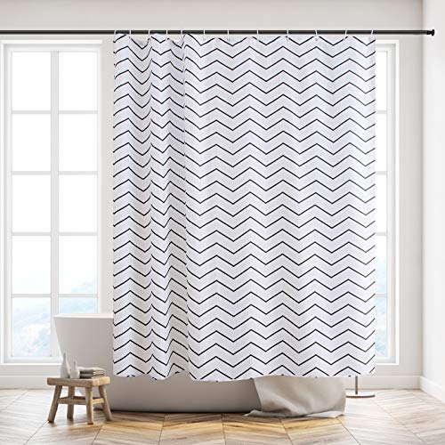 Furlinic Cortina Ducha Tela Antimoho con Impermeable Poliéster Lavable Cortinas Baño con 12 Anillas Cortina Ducha para Bañera Cuarto de Baño Zig Zag Blanco 180x180cm