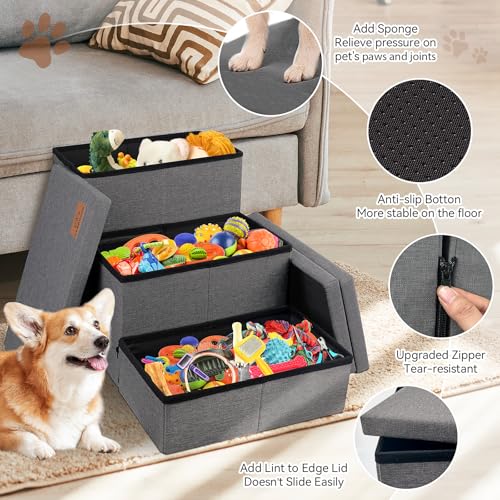Image of Zerbuger Dog Stairs with Storage 18 inch H, 3-Step Wider Dog Steps for Small /Medium /Large Old Dogs Cats, Folding Sturdy Pet Stairs Climbing Bed Couch, Ramp for Car Hold Up to 200 lbs (Dark Grey, No Condo)