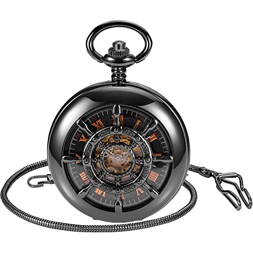 Image of Men's Mechanical Hollow Design Hand Wind Pocket Watch Roman Numerals Steampunk with Chain Box