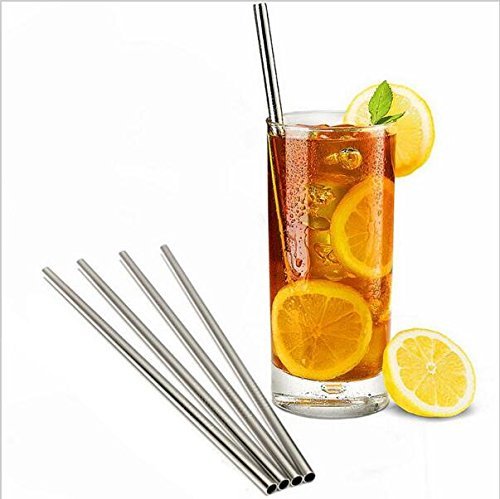 Image of Expresso - New Set of 10 Reusable Stainless Steel Drinking Straws 10.5'' (10 Straight & 2 Cleaning Brushes) - BPA Free Metal, Thick, Long, Dishwasher Safe - for Smoothies, Tumblers, Travel & More