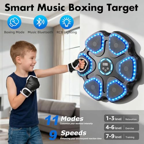 Image of Music Boxing Machine for Kids Adults, Smart Interactive Music Punching Machine with Gloves 11 Modes 9 Speeds Wall Mounted Electronic Boxing Punching Pad for Reaction Training Home Fitness Room Game